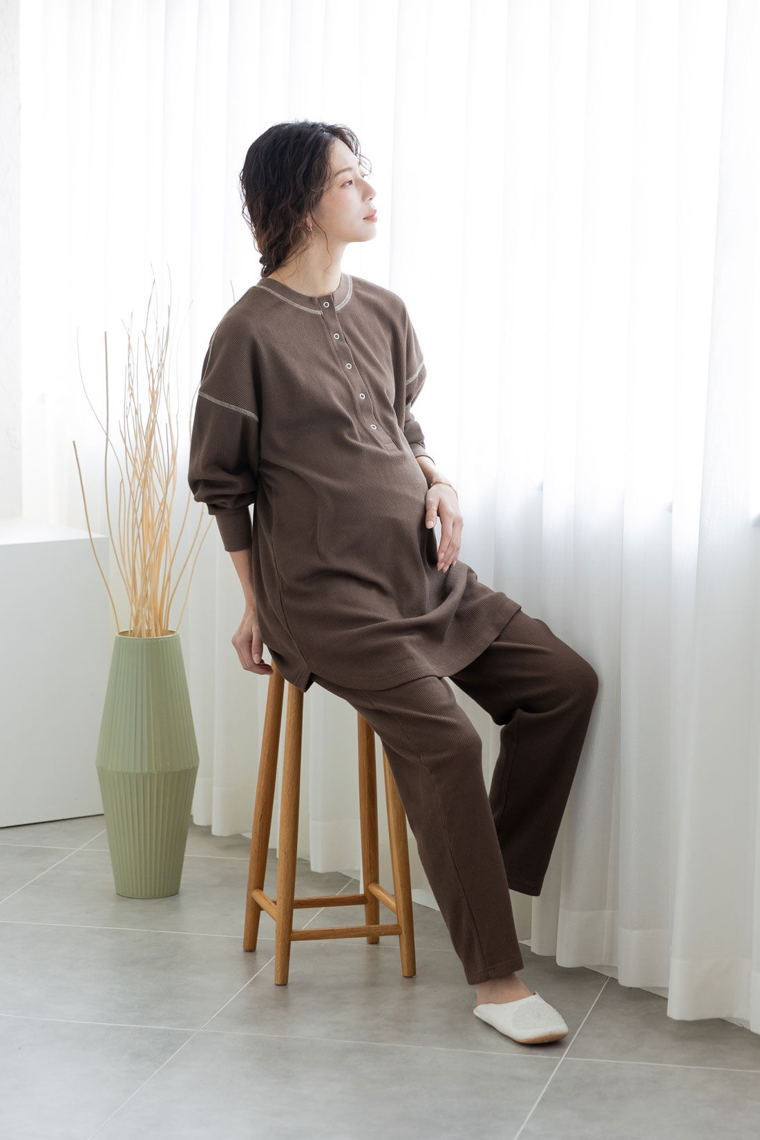 FELISSIMO Mama|Moredde　ワッフル素材のルームウェアセット〈ブラウン〉