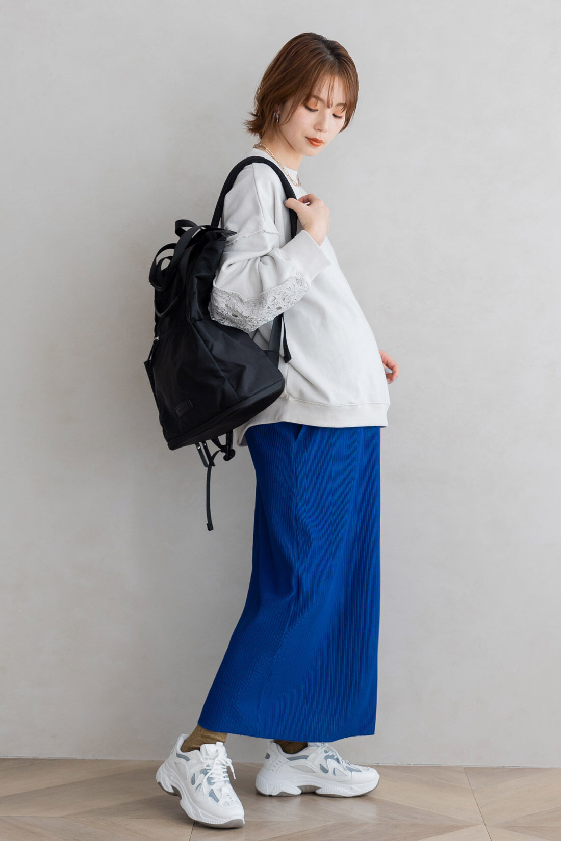フェリシモMama|Moredde　リップルカットソー素材がらくちんきれいな　産前産後使えるIラインスカート〈ブルー〉|model:H166　着用サイズM