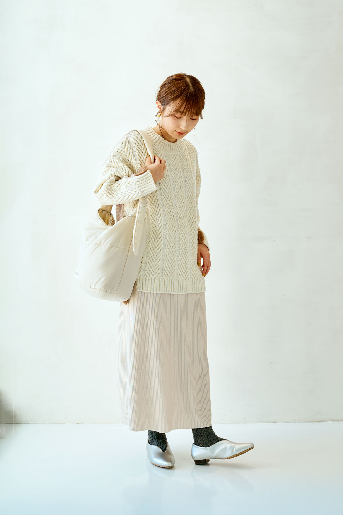 FELISSIMO Mama|Moredde　リップルカットソー素材がらくちんきれいな　産前産後使えるIラインスカート〈アイボリー〉