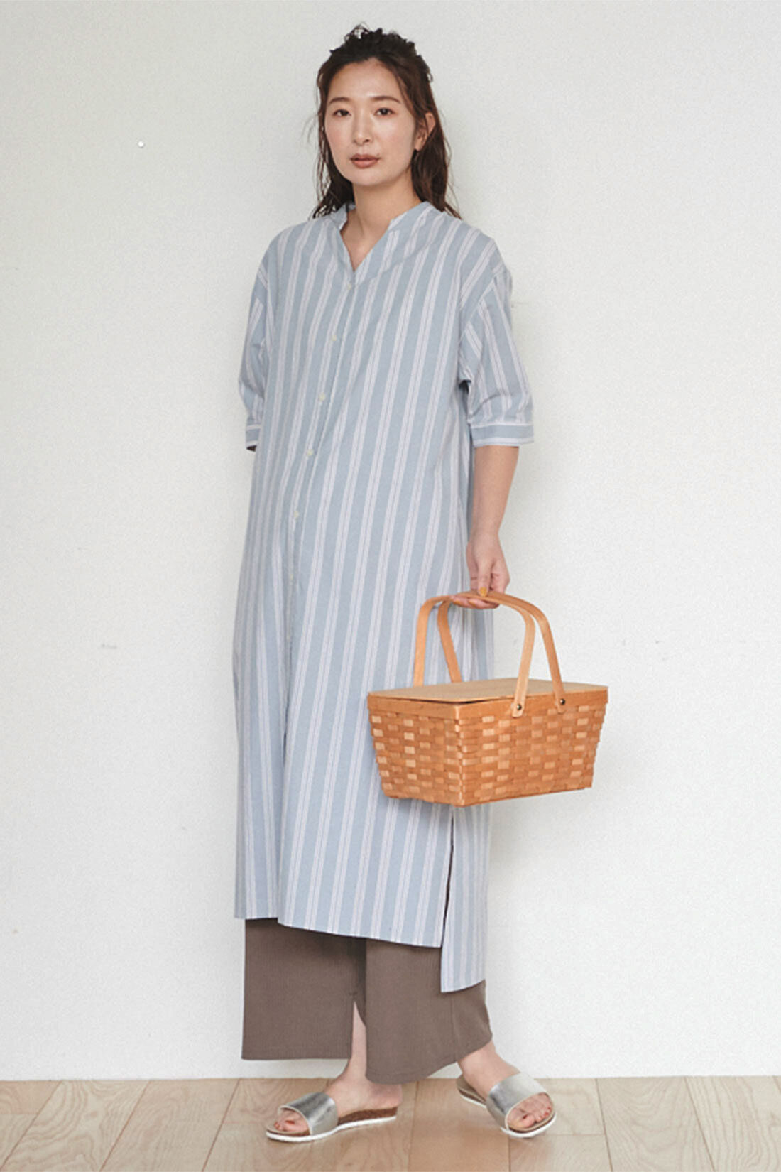 FELISSIMO Mama|Moredde　マタニティ・産後使える　ウエストクロス仕様の涼やか素材リブワイドレギンス〈ブラウン〉