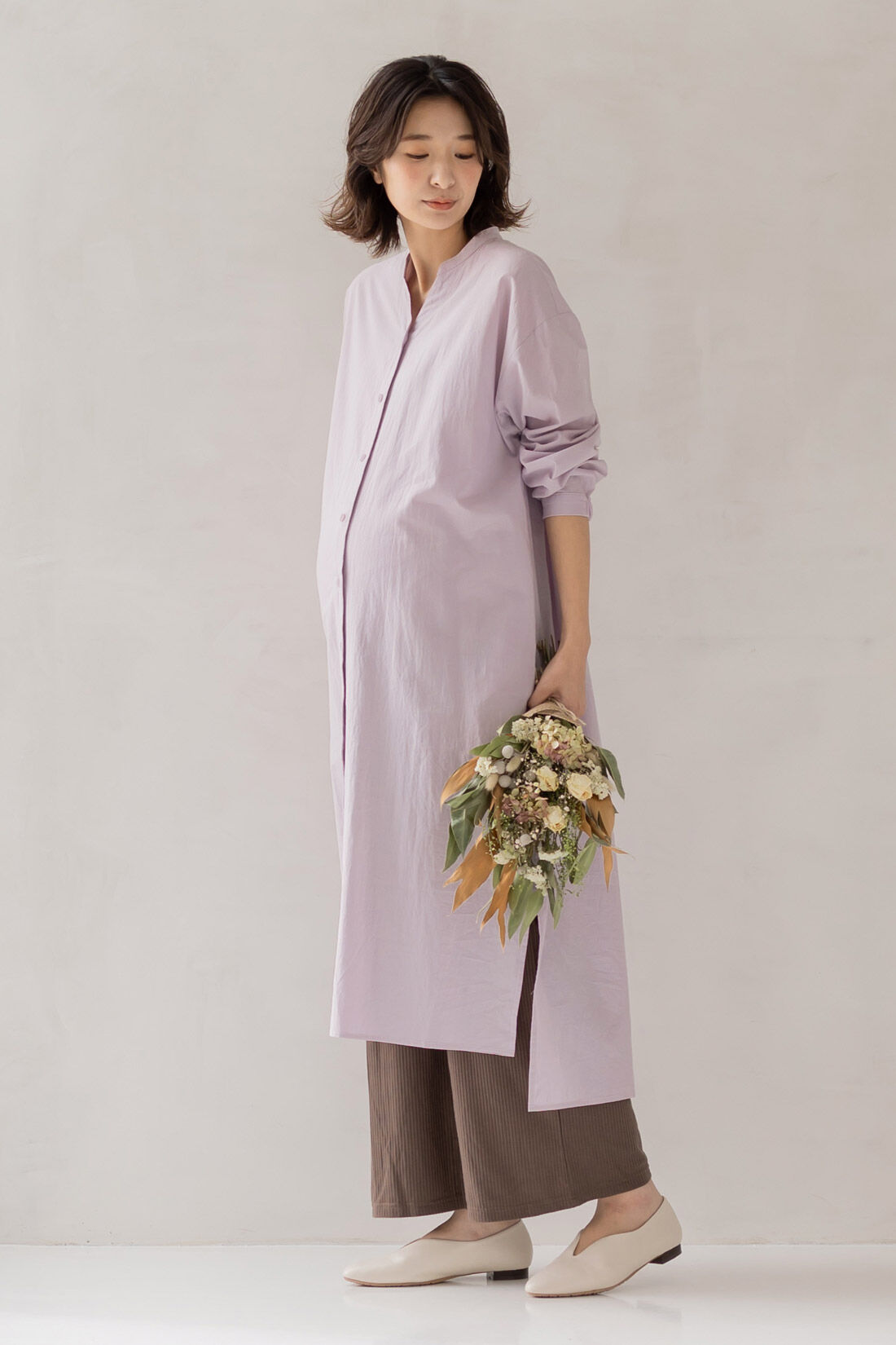 FELISSIMO Mama|Moredde　マタニティ・産後使える　ウエストクロス仕様の涼やか素材リブワイドレギンス〈ブラウン〉