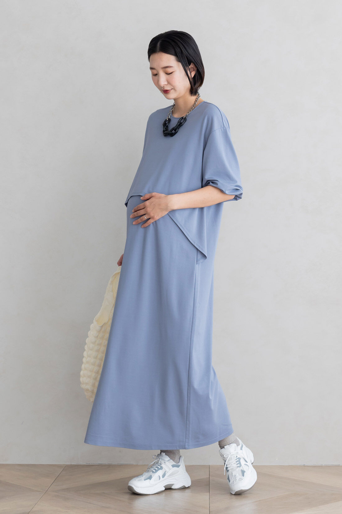 FELISSIMO Mama|Moredde　フォーマルシーンでも使える　授乳がかんたん　しなやかカットソーのデザインワンピース〈グレイッシュブルー〉