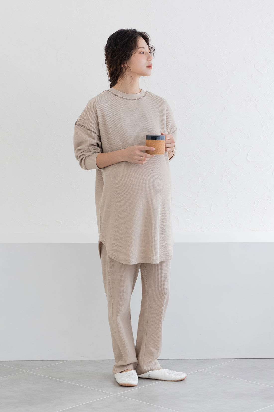 FELISSIMO Mama|Moredde　ワッフル素材のルームウェアセット〈ベージュ〉|トップスは前後着られる２－WAY仕様