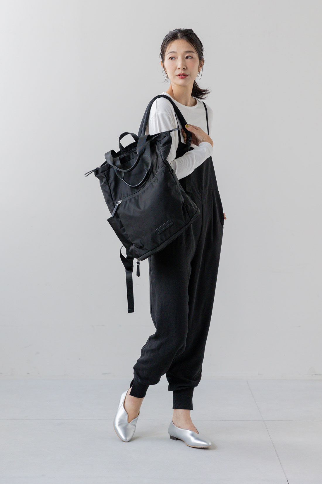 FELISSIMO Mama|Moredde　授乳がかんたん　産前産後どちらも楽しめるジョガーサロペット＆クルーネックTシャツセット〈ブラック〉