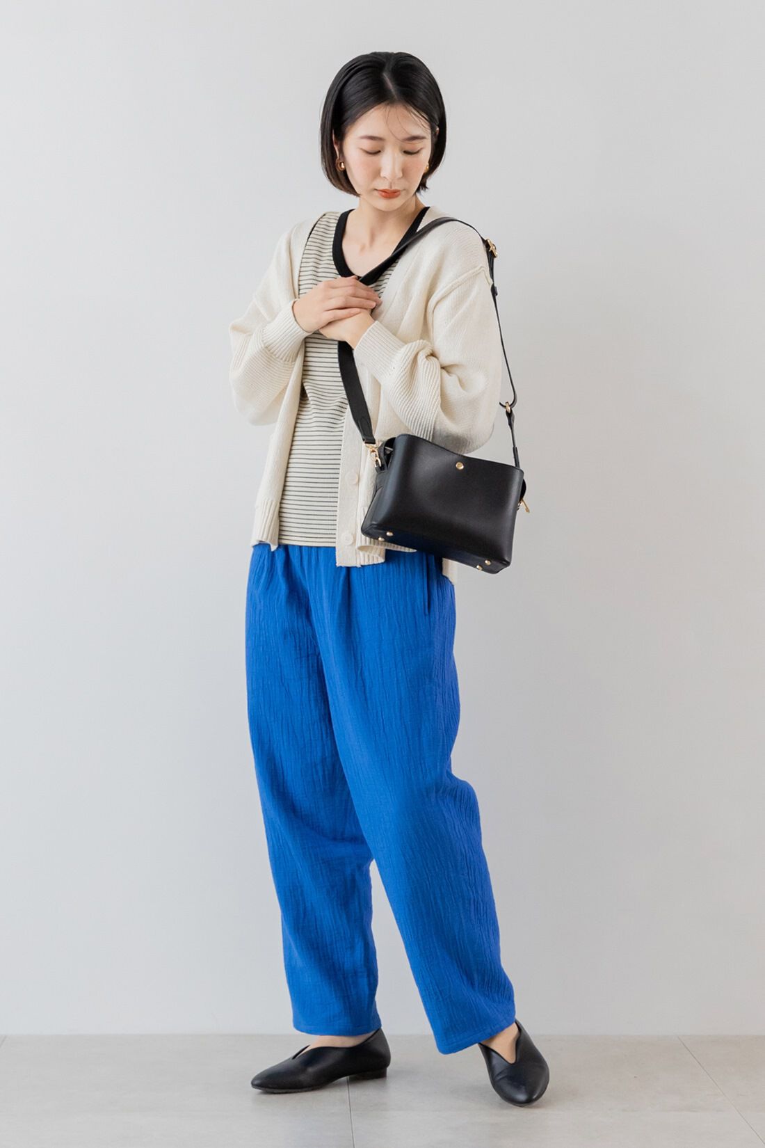 FELISSIMO Mama|Moredde　綿100％楊柳ダブルガーゼ素材が気持ちいい　産前産後楽しめるワイドパンツ〈モカベージュ〉|model:H167　着用サイズ：モデル用Mサイズ（股下+2㎝）