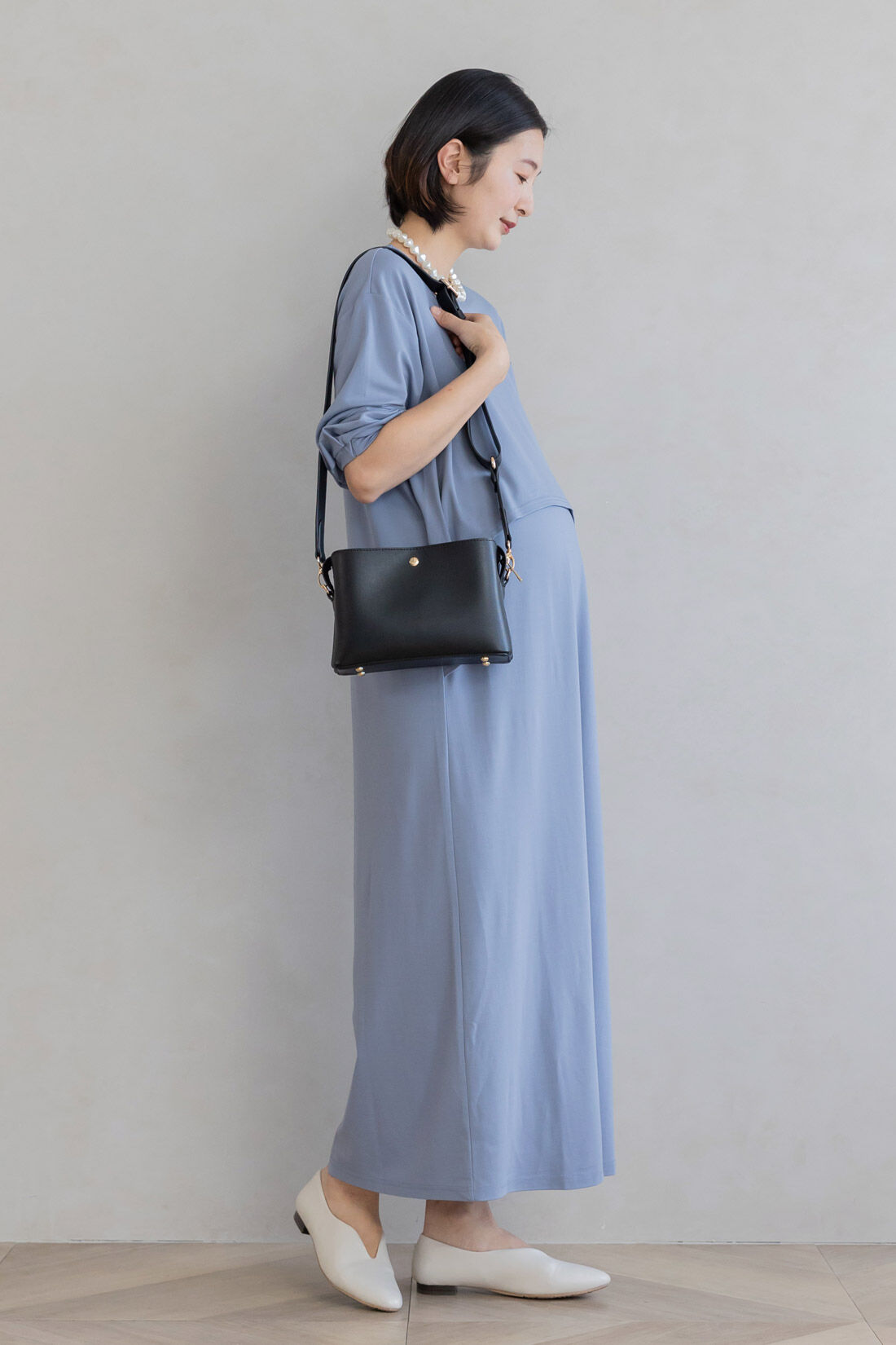 FELISSIMO Mama|Moredde　フォーマルシーンでも使える　授乳がかんたん　しなやかカットソーのデザインワンピース〈グレイッシュブルー〉