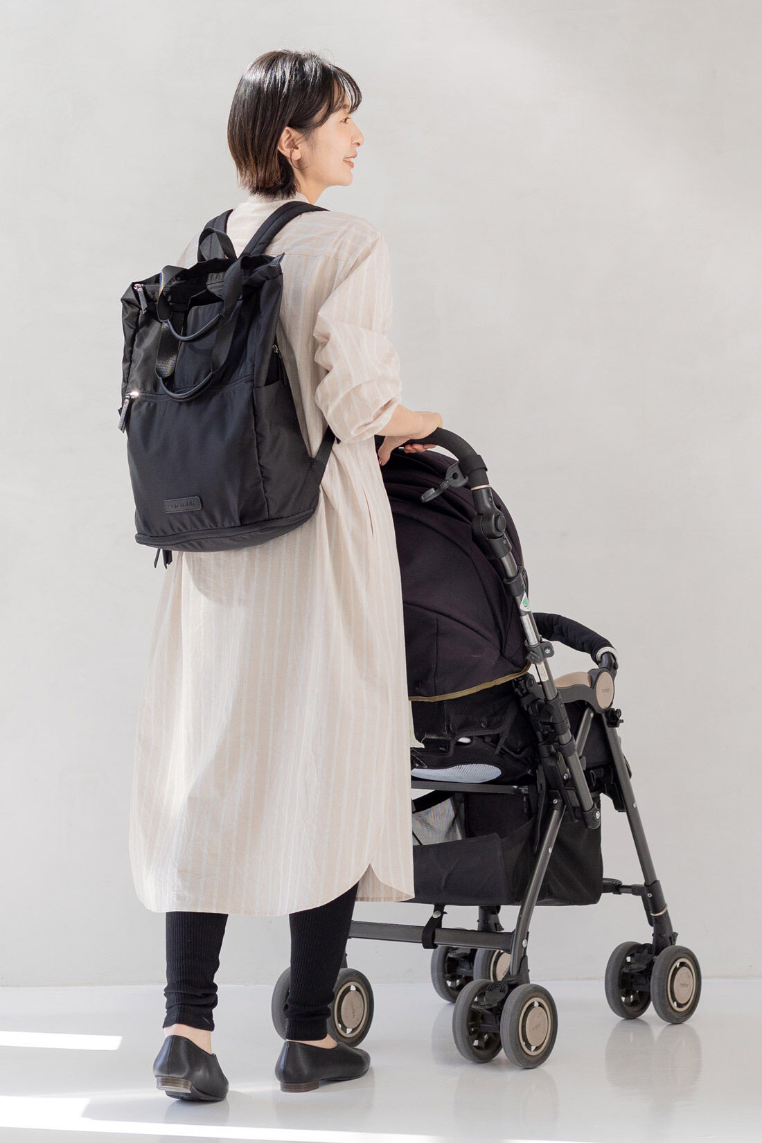 FELISSIMO Mama|Moredde　マタニティから産後も使える　ママによりそうワンピースパジャマ〈ベージュストライプ〉|お散歩やコンビニなどちょっとそこまで出かけるのにもピッタリです。