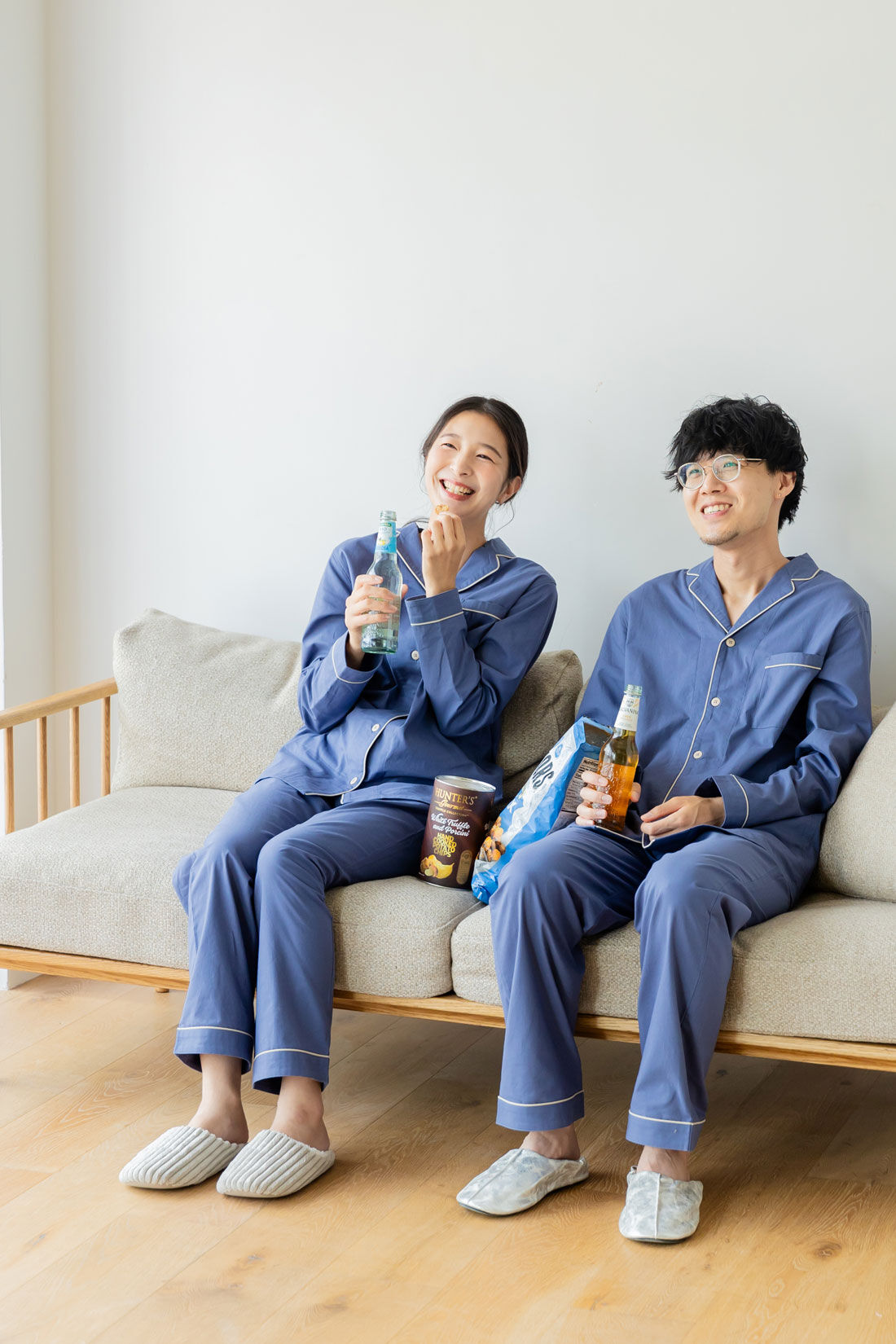 FELISSIMO Mama|Moredde　肌側の微起毛が心地いい　コットン１００％の前あきパジャマ〈アッシュブルー〉|パートナーとおそろいでリラックスタイムを過ごせます