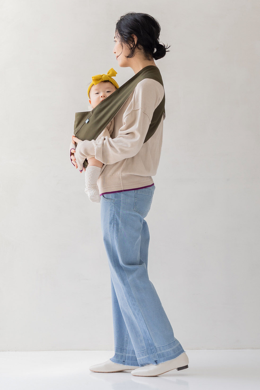 FELISSIMO Mama|Moredde　マタニティ・産後使える　ウエストクロス仕様の伸びやかワイドデニムパンツ＜ダークブルー＞|産後：ウエストクロスタイプなので産後もはけます。 ※写真は別色です。