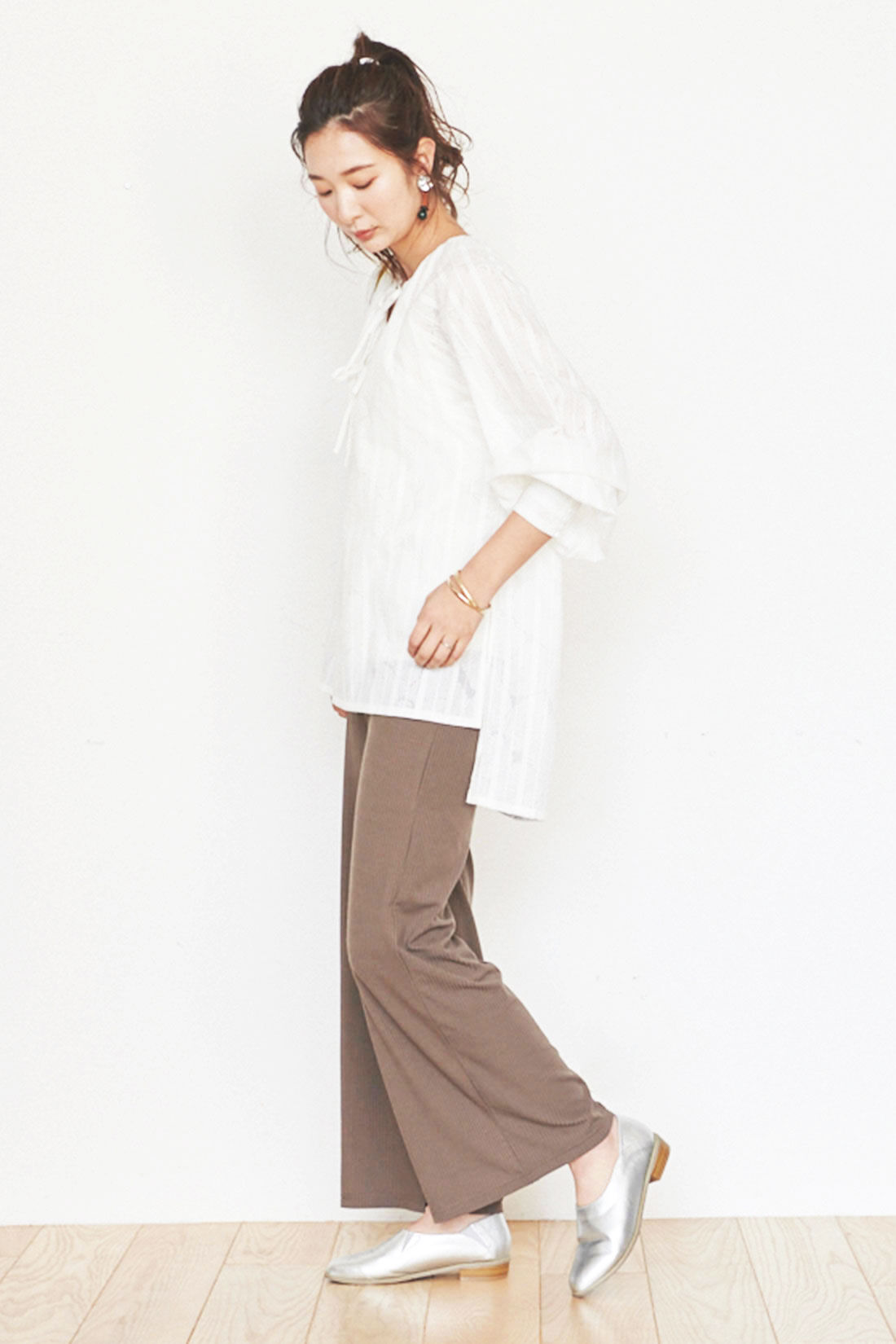 FELISSIMO Mama|Moredde　マタニティ・産後使える　ウエストクロス仕様の涼やか素材リブワイドレギンス〈ブラウン〉