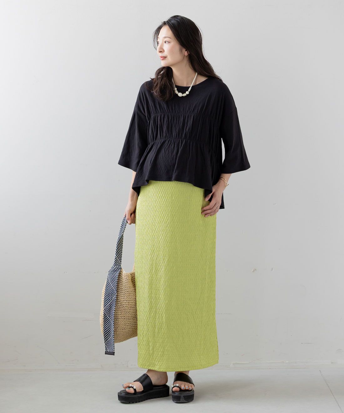 FELISSIMO Mama|Ｍｏｒｅｄｄｅ　産前・産後使える　ふくれジャカード　Ｉラインスカート〈ライムグリーン〉