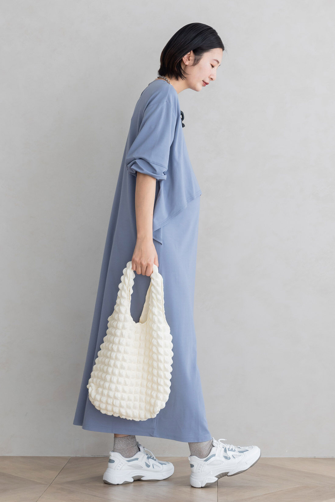 FELISSIMO Mama|Moredde　フォーマルシーンでも使える　授乳がかんたん　しなやかカットソーのデザインワンピース〈グレイッシュブルー〉