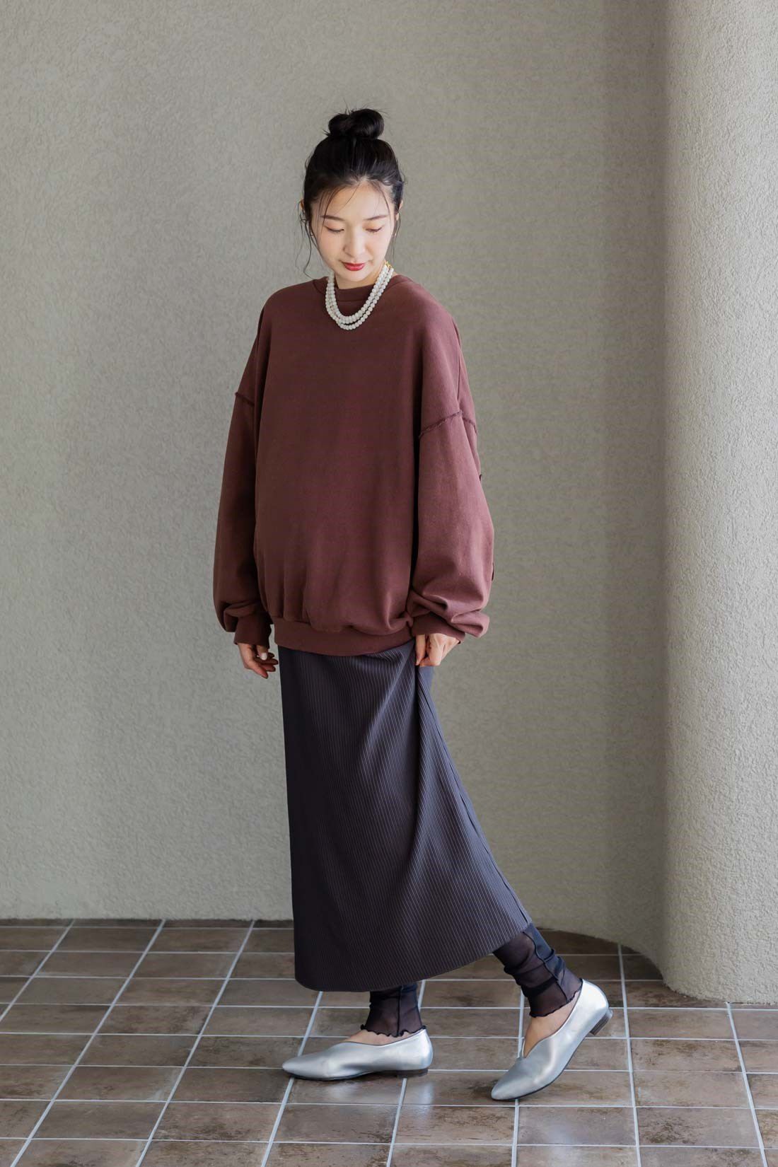 FELISSIMO Mama|Moredde　リップルカットソー素材がらくちんきれいな　産前産後使えるIラインスカート〈チャコールグレー〉