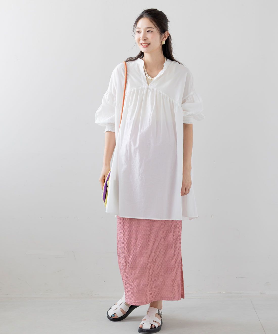 FELISSIMO Mama|Ｍｏｒｅｄｄｅ　産前・産後使える　ふくれジャカード　Ｉラインスカート〈コーラルピンク〉