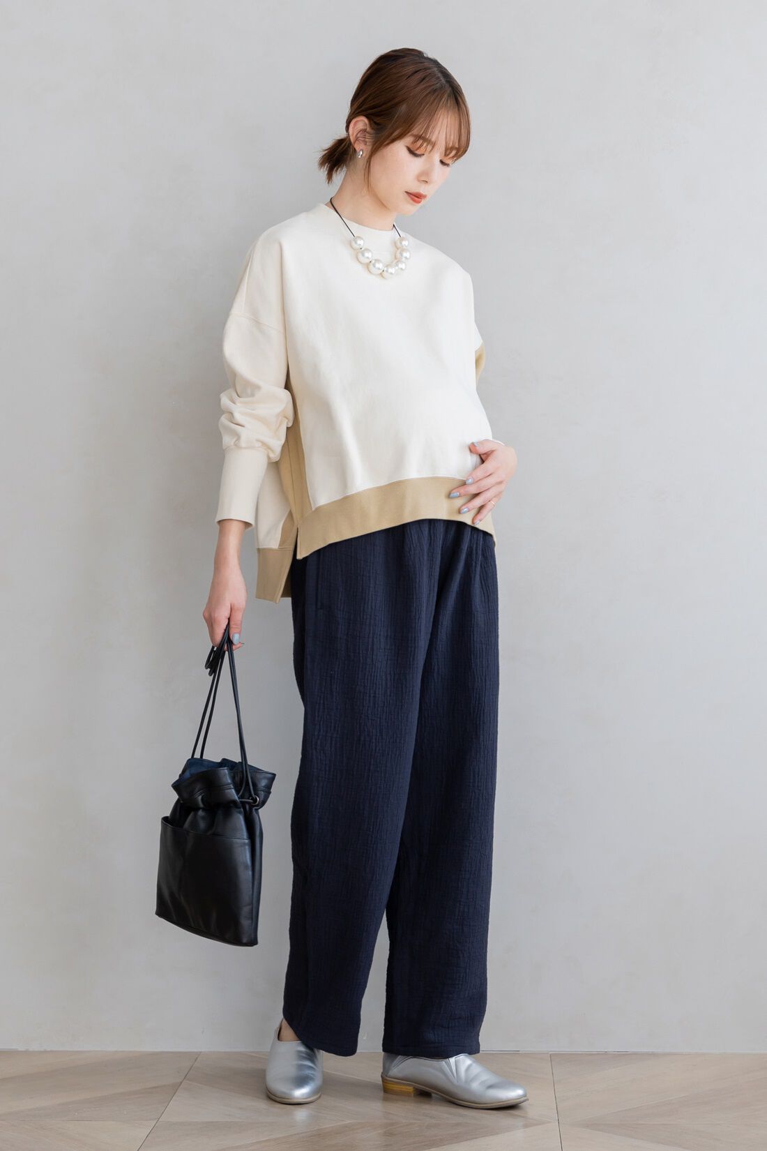 FELISSIMO Mama|Moredde　綿100％楊柳ダブルガーゼ素材が気持ちいい　産前産後楽しめるワイドパンツ〈ブラック〉