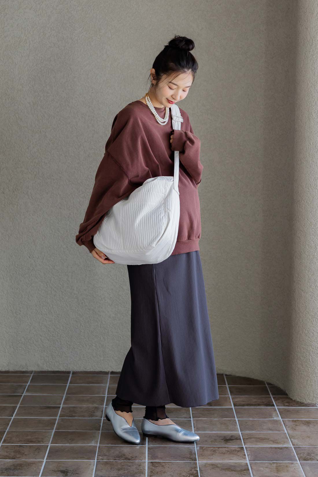 FELISSIMO Mama|Moredde　リップルカットソー素材がらくちんきれいな　産前産後使えるIラインスカート〈チャコールグレー〉
