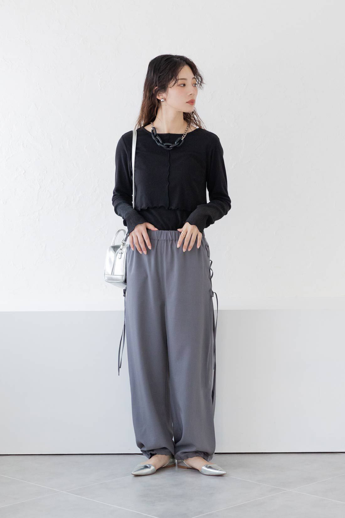 FELISSIMO Mama|Moredde　心地いい素材の袖口シアー２ーＷＡＹ授乳トップス〈ブラック〉|model:H166 　Mサイズ