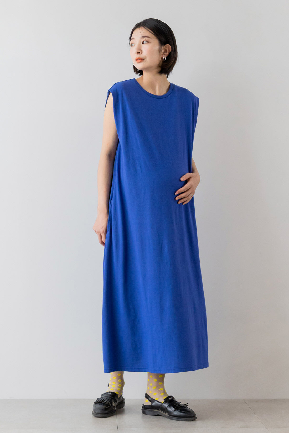 FELISSIMO Mama|Moredde　産前産後楽しめる　サイドファスナーで授乳が簡単　ショルダータッククルーネックカットソーワンピース〈ブルー〉