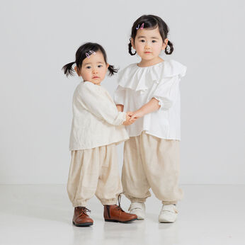 FELISSIMO Mama | 麻混 ダブルガーゼ ぽんわり キッズパンツ 〈ベージュ〉