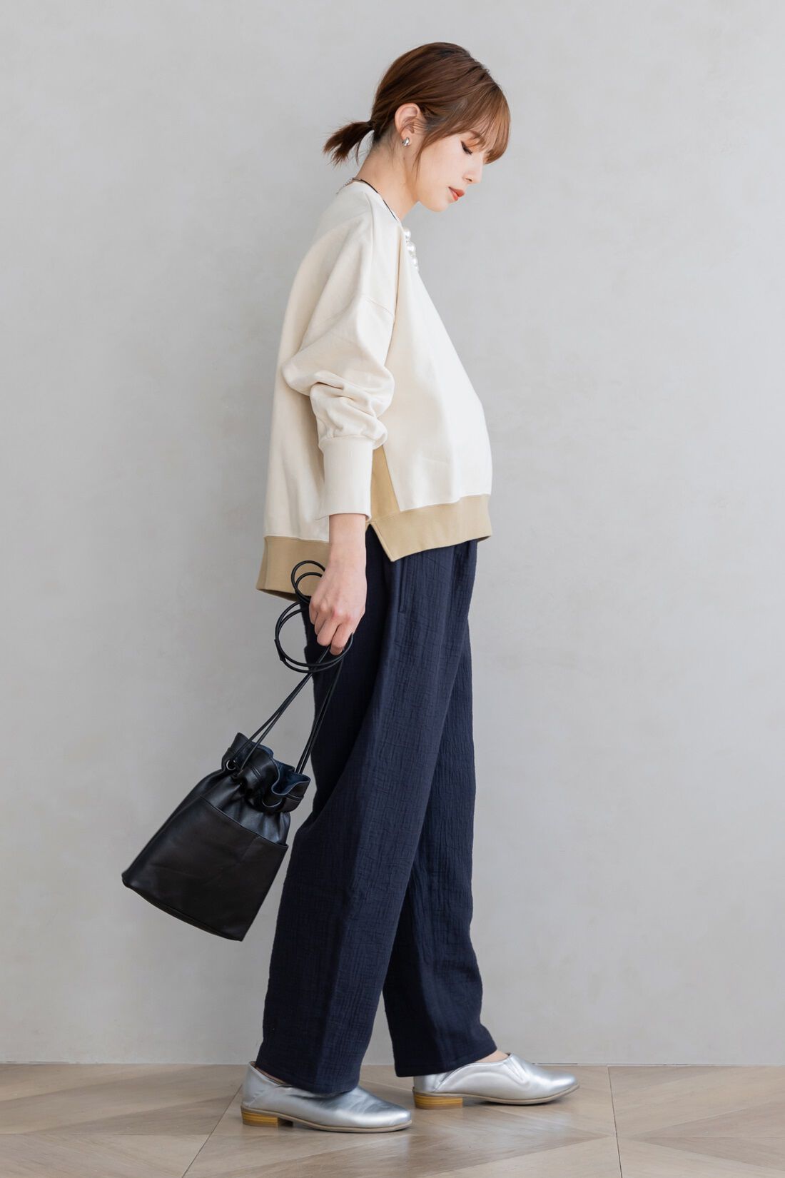 FELISSIMO Mama|Moredde　綿100％楊柳ダブルガーゼ素材が気持ちいい　産前産後楽しめるワイドパンツ〈ブラック〉