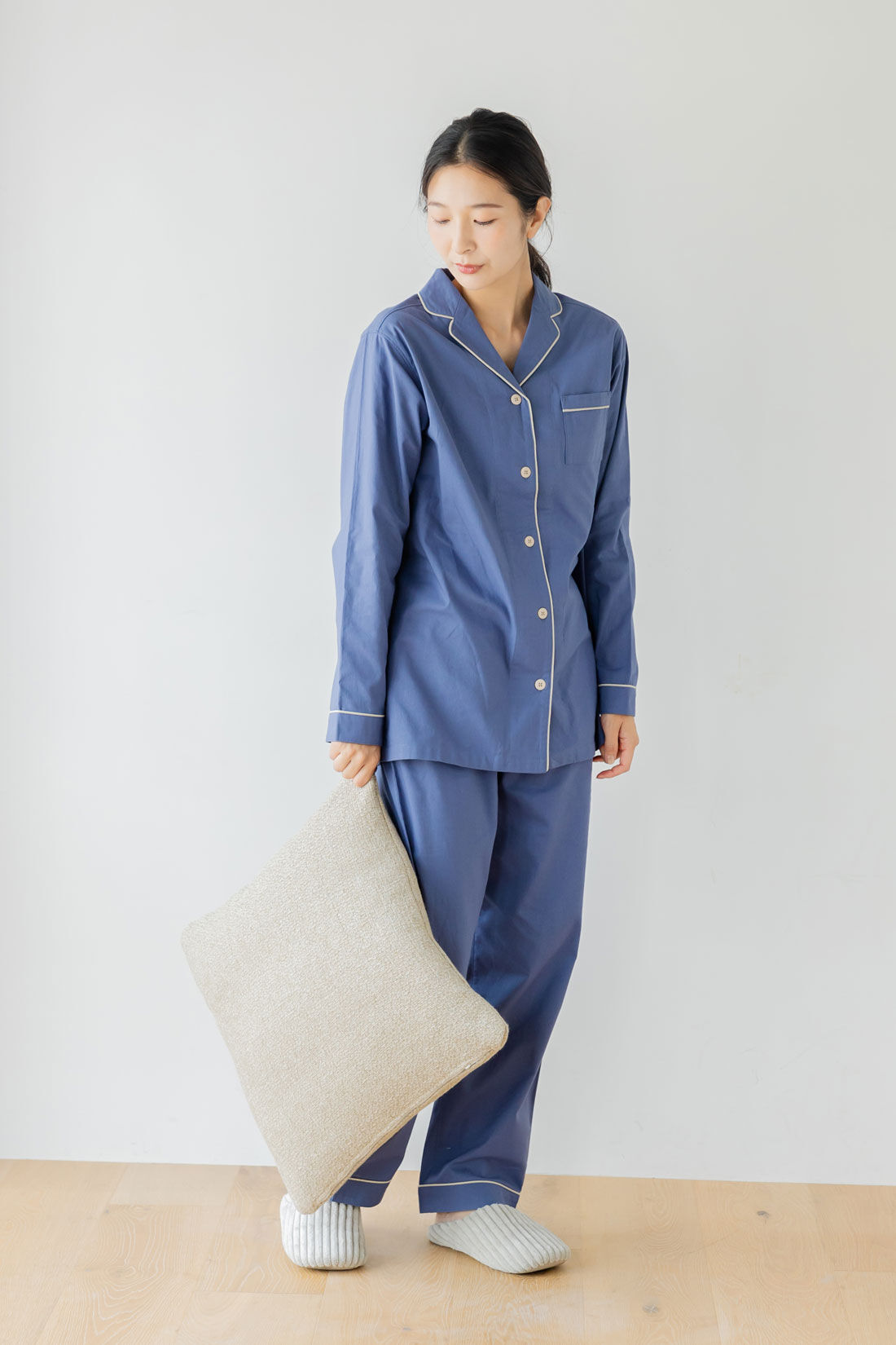 FELISSIMO Mama|Moredde　肌側の微起毛が心地いい　コットン１００％の前あきパジャマ〈アッシュブルー〉