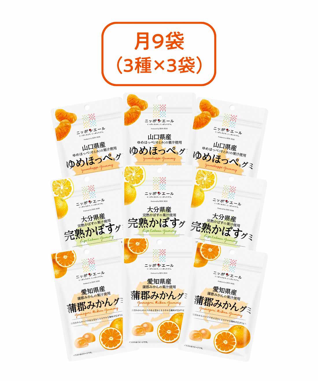 純農|純農 みかんもレモンも大好き！ 柑橘味くらべグミセットの会 私にごほうび月9袋コース（3ヵ月予約）|●1回のお届けセット例です。