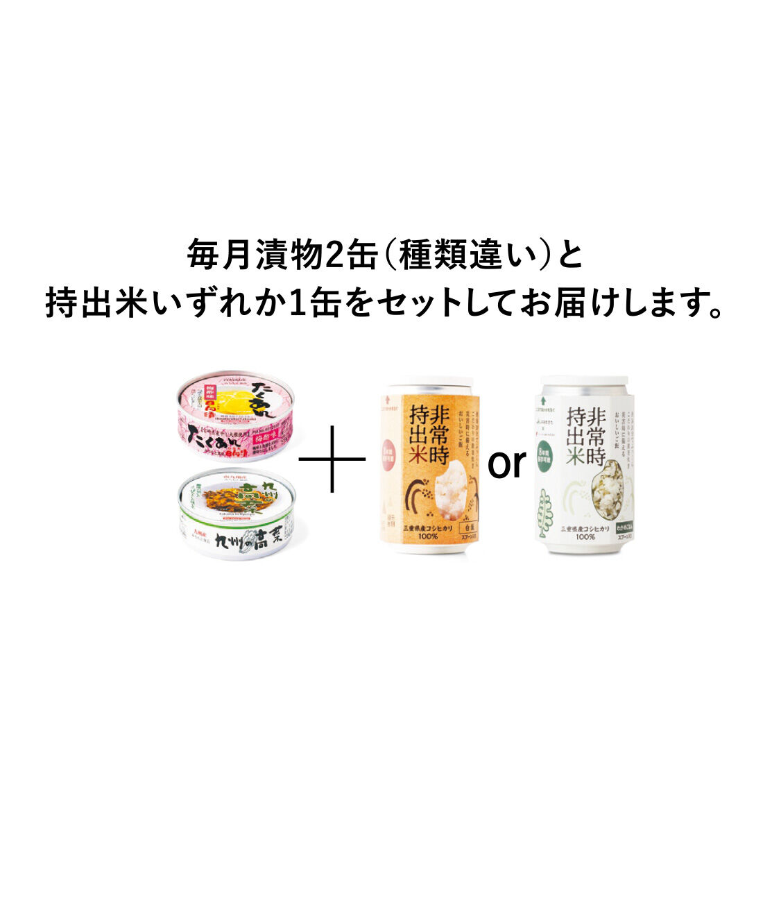 純農|純農 ほっとする気持ちをストック！ レアな九州漬物缶詰と8年保存非常時持出米の会（6回予約）|●1回のお届けセット例です。