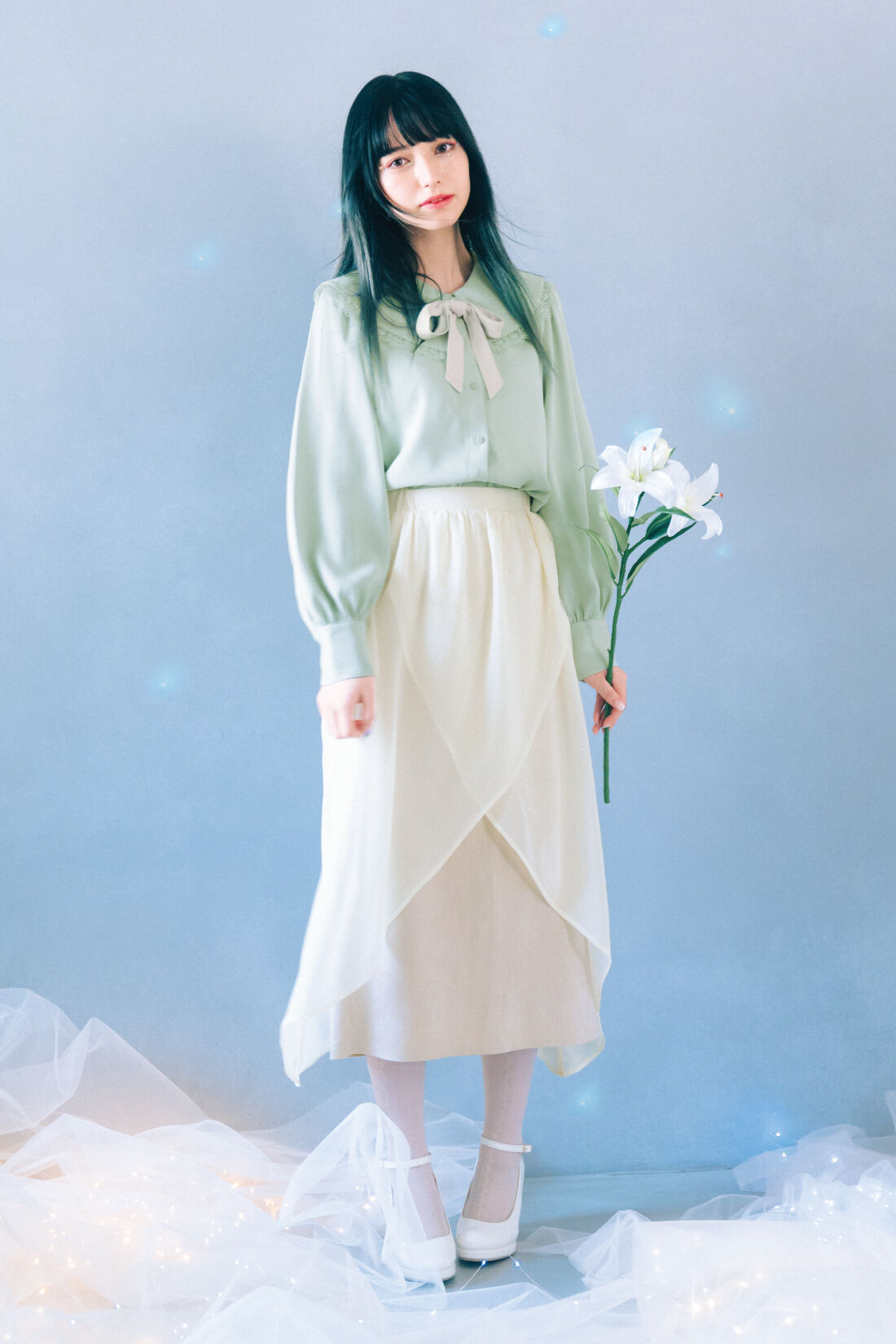 魔法部|魔法部×ミヤマアユミ　妖精のクチュール　おとぎ話の主人公みたいな葉のブラウス〈グリーン〉|同シリーズのスカートとセットで着ると、 まるでおとぎ話の 主人公みたい。