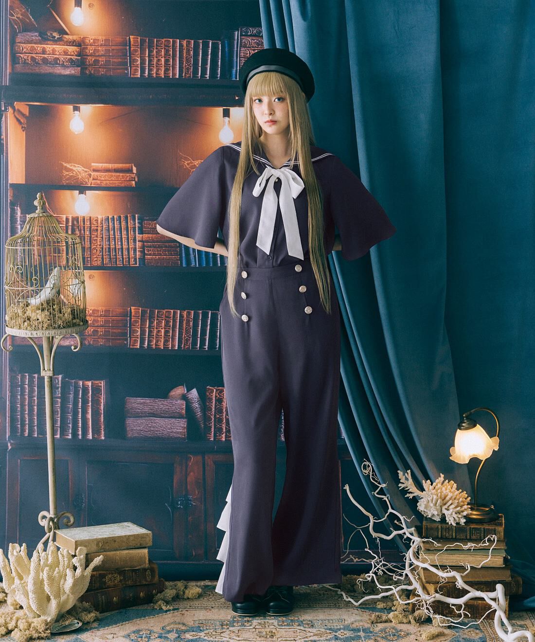 魔法部|魔法部　凪を感じる魔法学校の制服　マリン風ワイドパンツ〈ブルーグレー〉