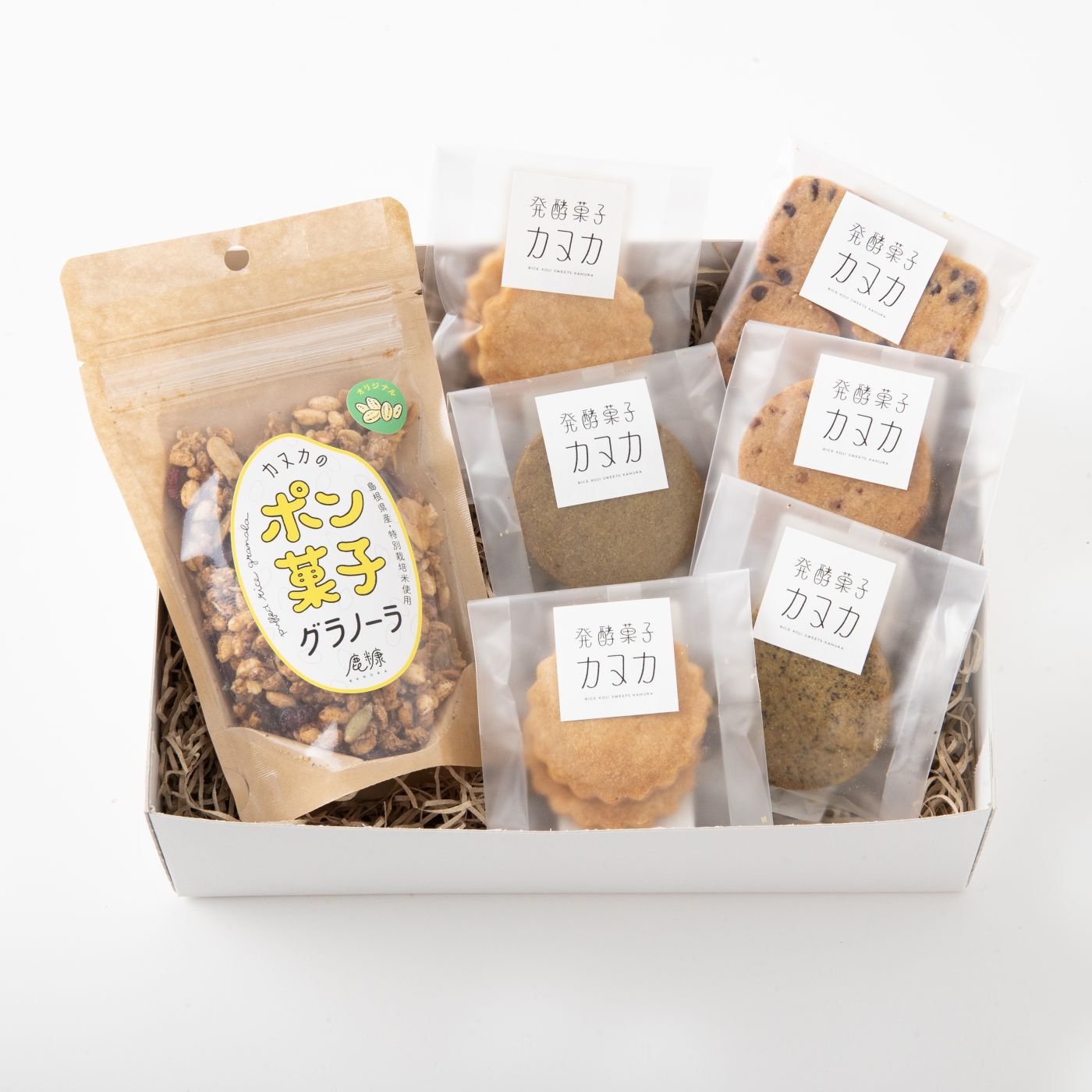 Natucul Chou Club|発酵菓子カヌカさんの「ポン菓子グラノーラ」とクッキーセット|セット内容/ポン菓子グラノーラ（オリジナル）約87g、塩麹クッキー2枚（1枚約32g）、抹茶クッキー1枚（約35g） 、緑茶クッキー1枚（約34g）、黒糖クッキー1枚（約33g）、チョコチップクッキー1枚 （約39ｇ）  