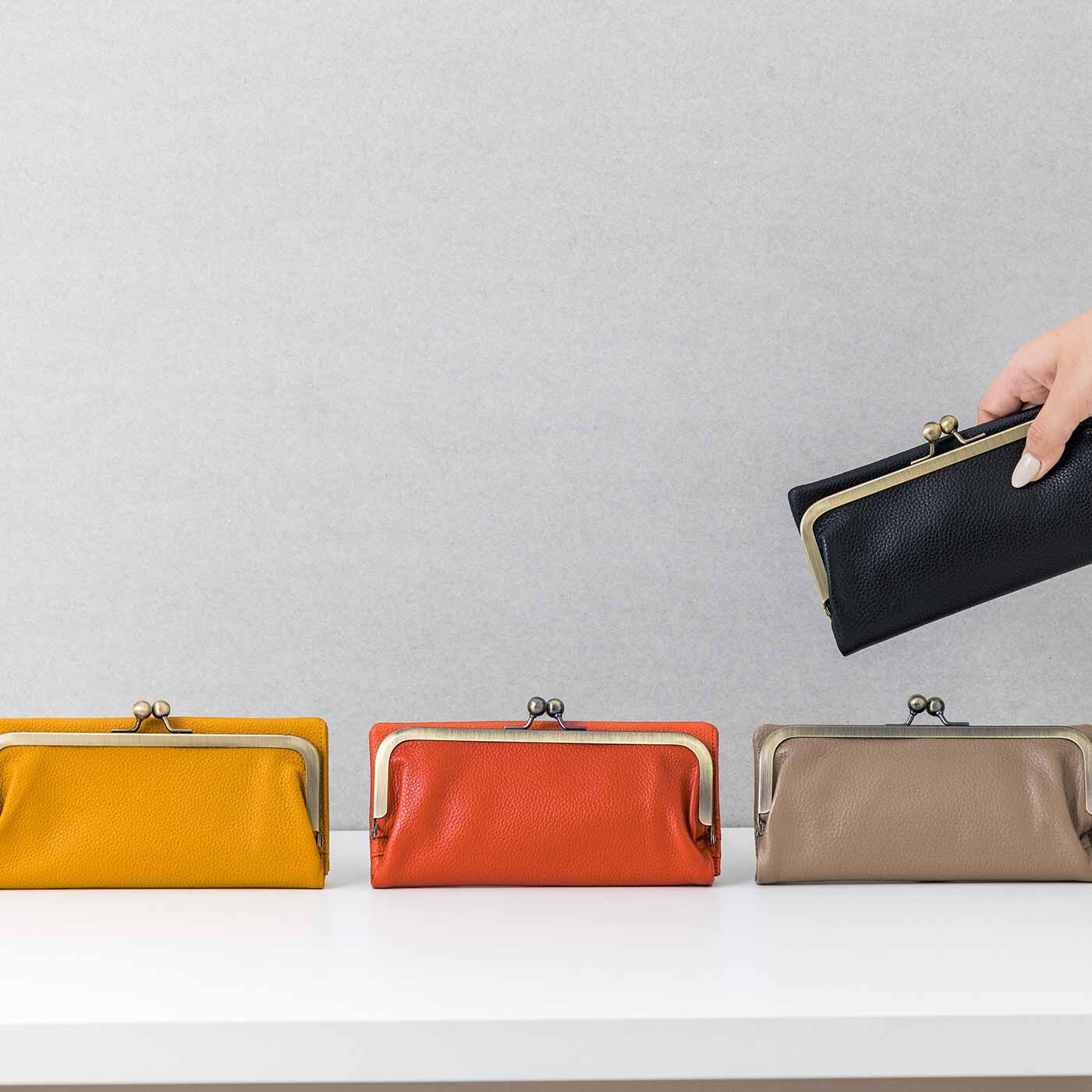 L'AMIPLUS|ラミプリュス レトロがま口がかわいい 薄め仕様の本革長財布〈マスタード〉