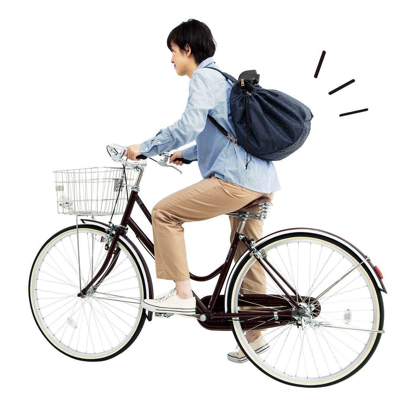 L'AMIPLUS|ラミプリュス　大量買いもらくらく！　レジカゴリュック〈ドットジャカード〉の会|両手が使えるので自転車もOK。