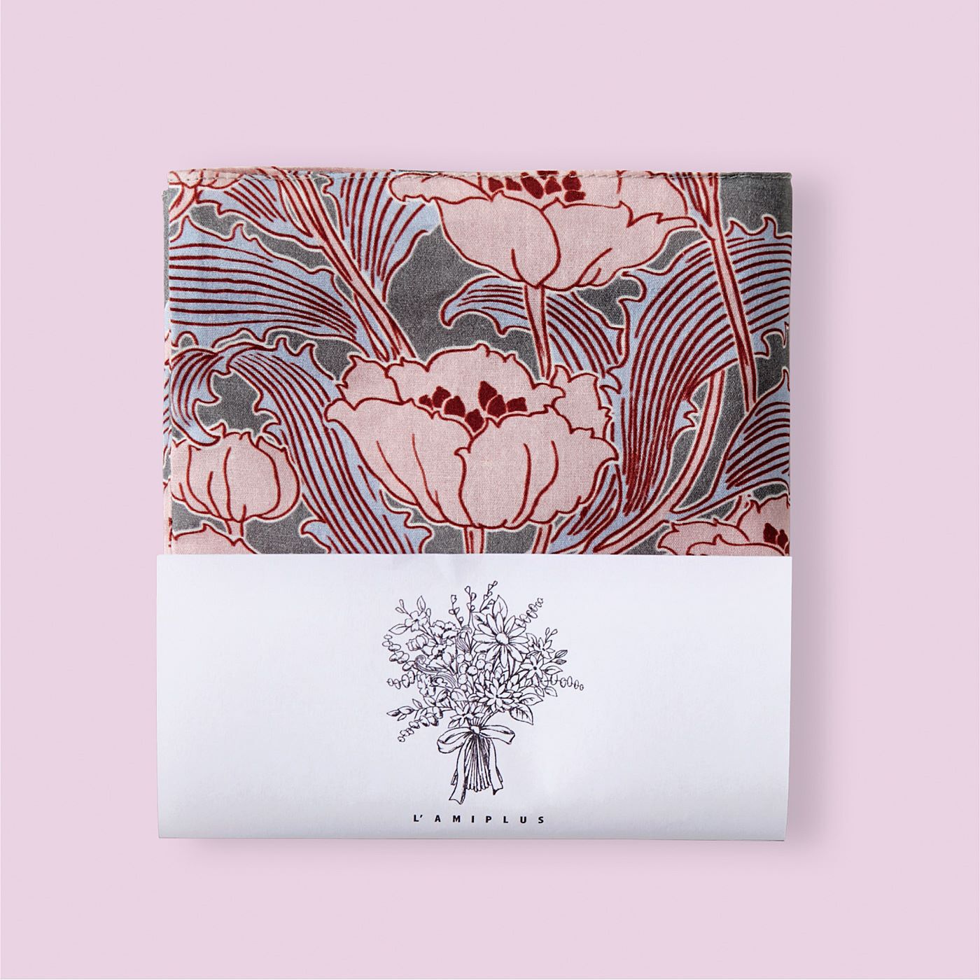 L'AMIPLUS|ラミプリュス　持ち手が出てくるハンカチエコバッグ〈ヴィンテージフラワー〉の会|贈りものにもぴったりの花束イラストが入った帯付きパッケージ。