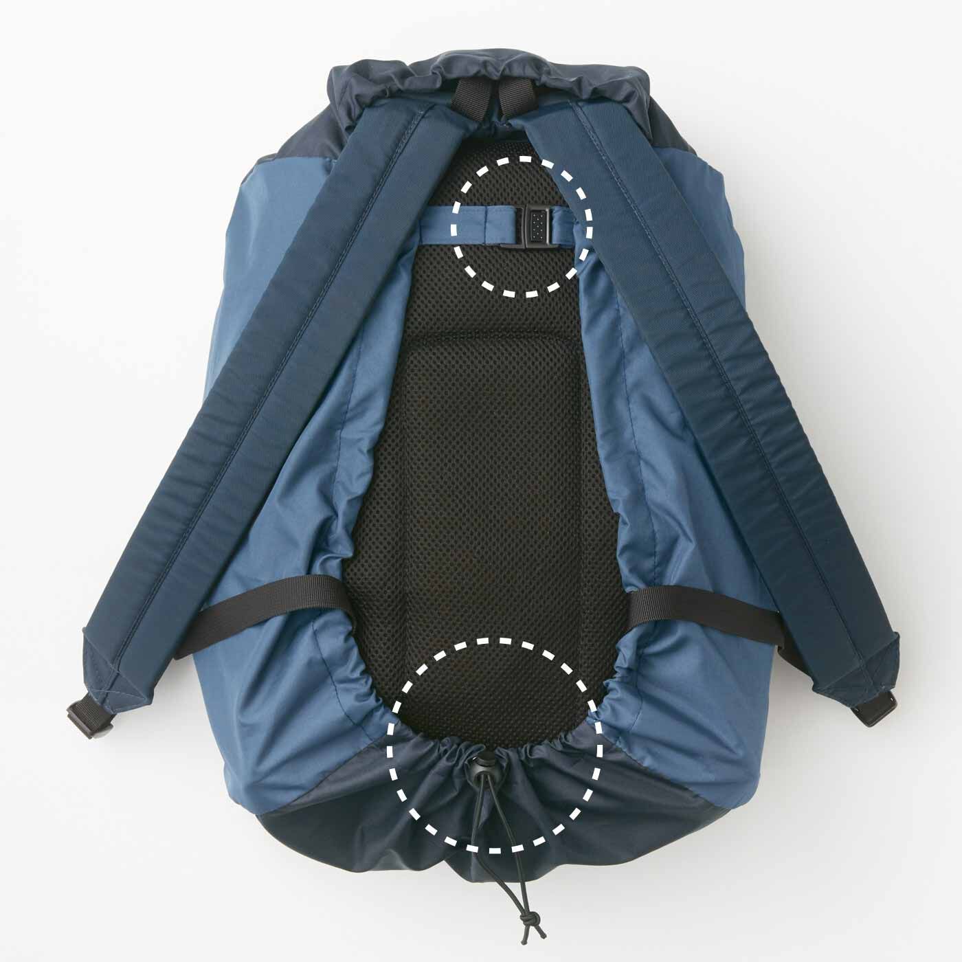 ラミプリュス|ラミプリュス　雨ぬれ軽減 傘屋さんと作ったリュックのためのレインカバーの会|リュックにかぶせてバックルとゴムで固定するだけの簡単装着。