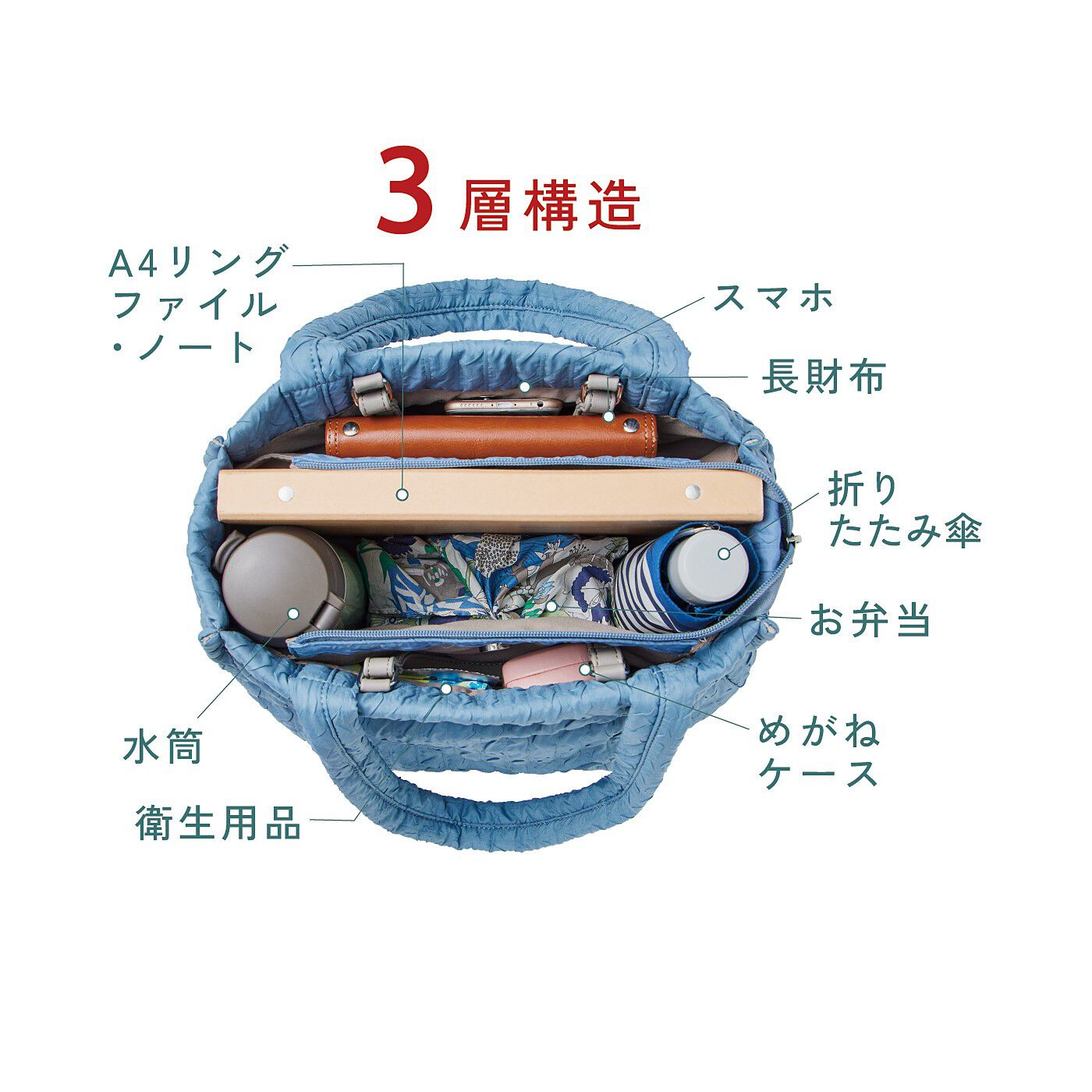L'AMIPLUS［ラミプリュス］|ラミプリュス　雲のようにふわふわエアリー　３層仕分け＆２ハンドル　欲張りトートバッグ〈グレイッシュブルー〉