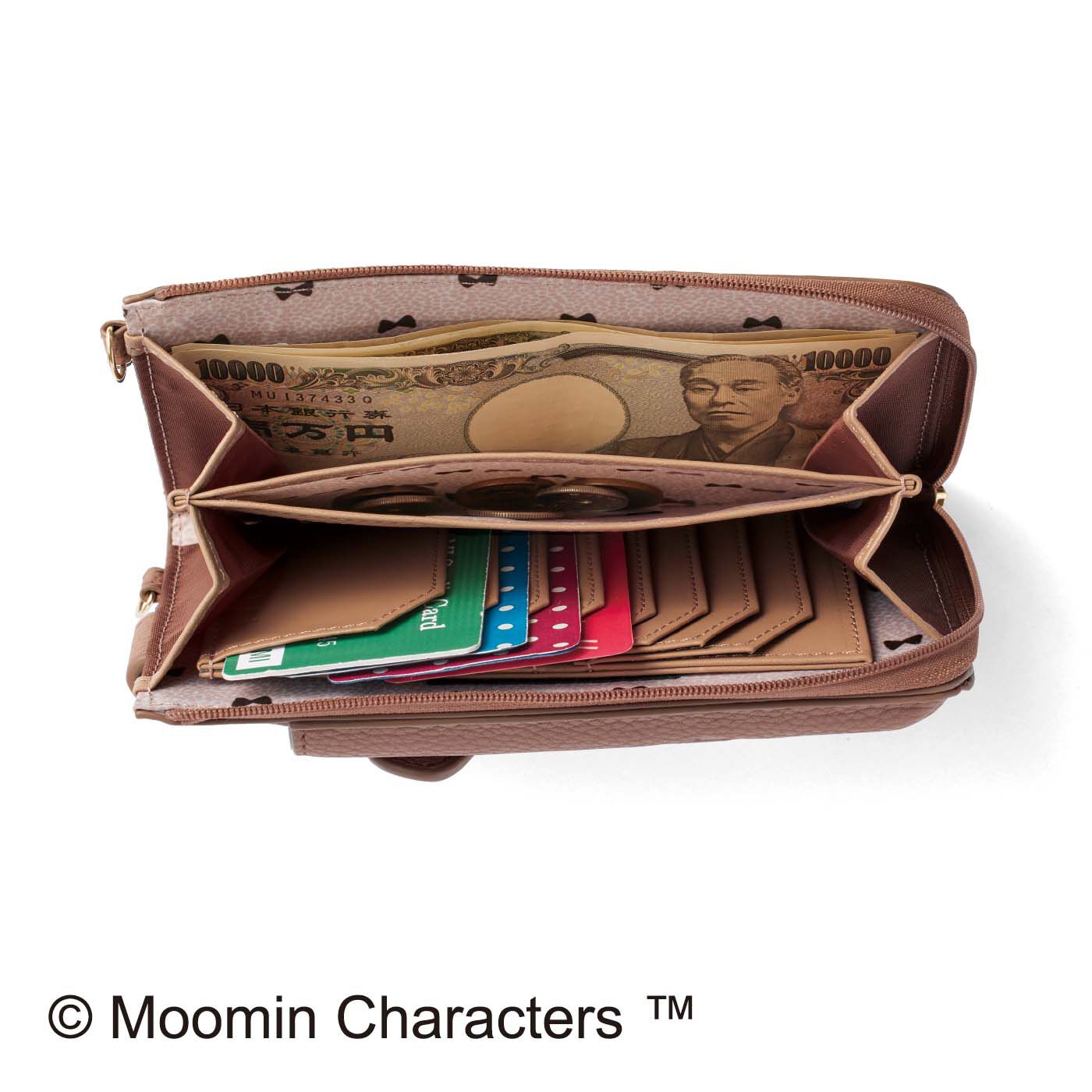 L'AMIPLUS|MOOMIN×ラミプリュス　クロスボディーウォレット〈リトルミイ〉|Ｌ字ファスナーを開くと中は３部屋構造のお財布に。