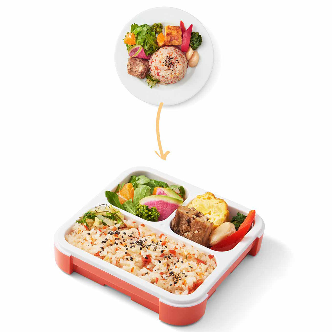 L'AMIPLUS［ラミプリュス］|立て入れでも汁がこぼれにくい スリムに運べるランチボックス 500ml〈グレー〉|たっぷりのランチプレートも全部入る！　※写真は〈オレンジ〉です。