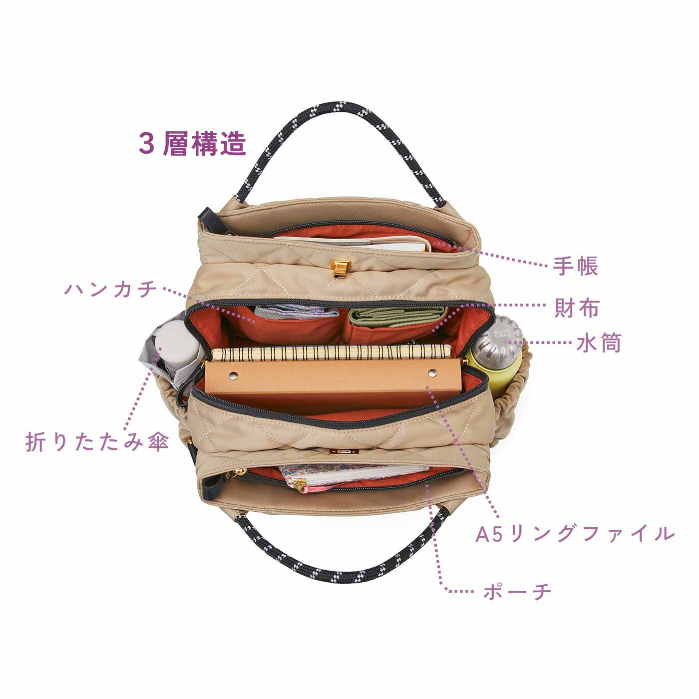 L'AMIPLUS［ラミプリュス］|ラミプリュス コロンと上品な トート持ちもできる3層キルトリュック〈パールベージュ〉