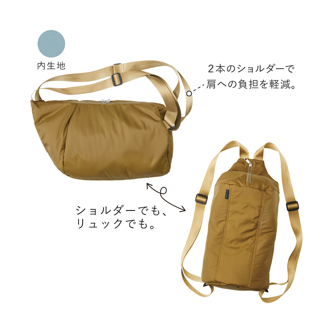 L'AMIPLUS［ラミプリュス］|ラミプリュス　いざ！というときは背負える　ほわほわ軽やか 底が丸い　クロワッサン型かえリュックの会|〈セピア〉
