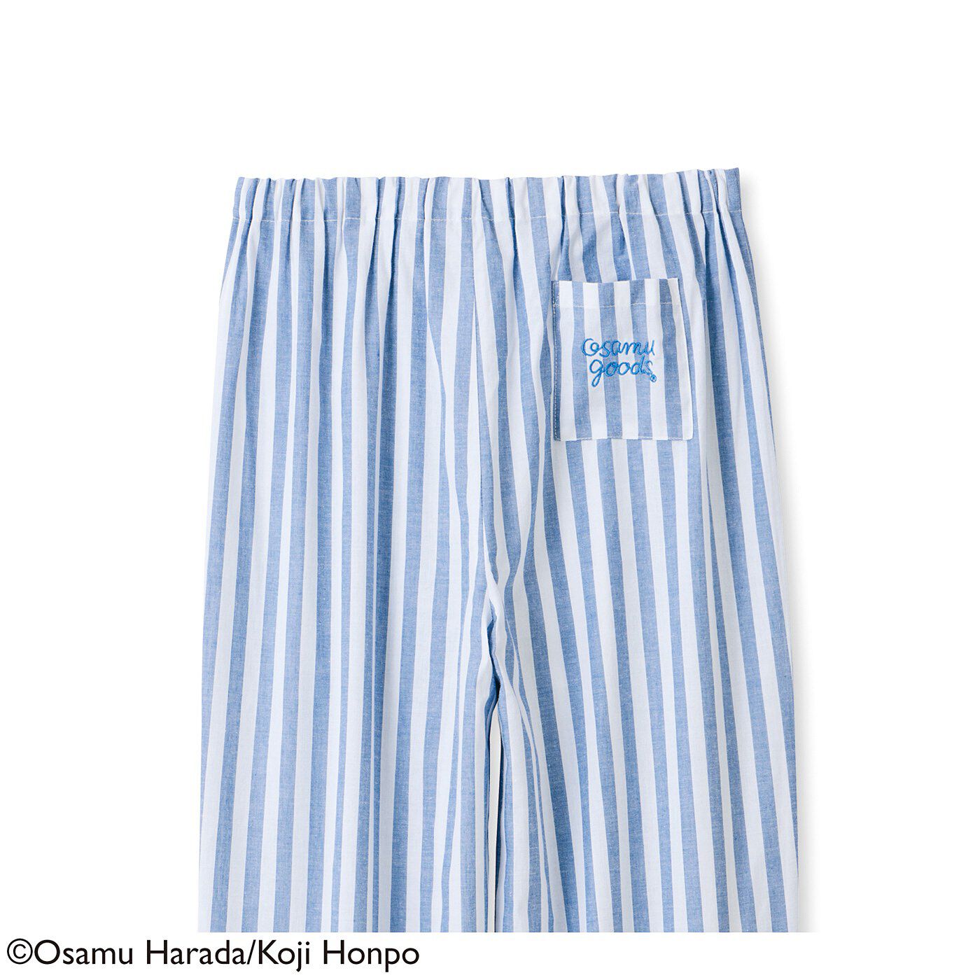 USEDo|USEDo×OSAMU GOODS　タイムレスな「かわいい」　ジルとおそろい ストライプパジャマ|パンツの後ろポケットにはOSAMU GOODSのロゴを刺しゅう。