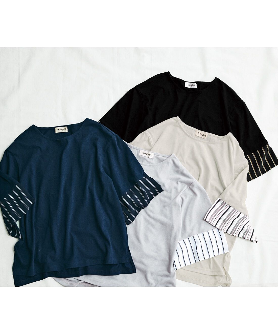 frauglatt［フラウグラット］|【7月分以降お届け】フラウグラット　ストライプ柄袖できれい見え　上品カットソートップス〈吸水速乾〉の会|袖口にきちんと感をプラスする布はくのストライプ生地をドッキング。
