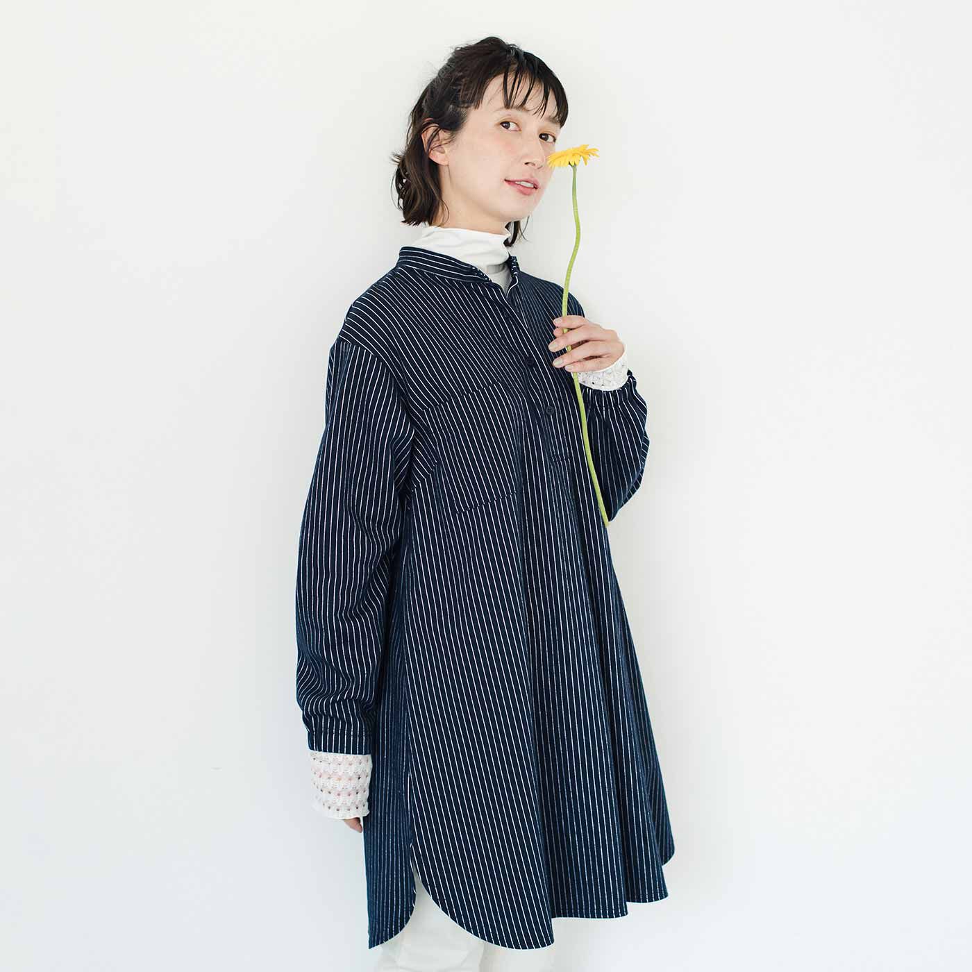 frauglatt［フラウグラット］|フラウグラット　スースーすき間冷え対策 すっきりシャツ見え伸びやかストライプチュニックの会|腰、太ももをすっぽりカバーする長め丈ですき間風ガード。着心地ゆったり、重ね着してもOK。