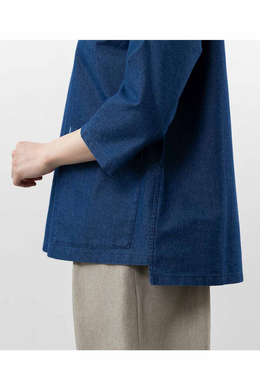 frauglatt［フラウグラット］|フラウグラット　着心地軽やかきれい見え♪ ライトオンスデニムトップスの会|後ろ長めの設計でバランスよく腰をカバー。七分袖なのでひじが隠れて安心。