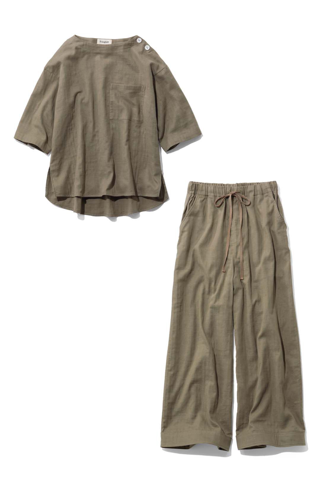 frauglatt［フラウグラット］|【6月分以降お届け】【セット割】大人の女史会×frauglatt　着まわし上手 オールインワン見え ダブルガーゼセットアップ|〈ニュアンスカーキ〉