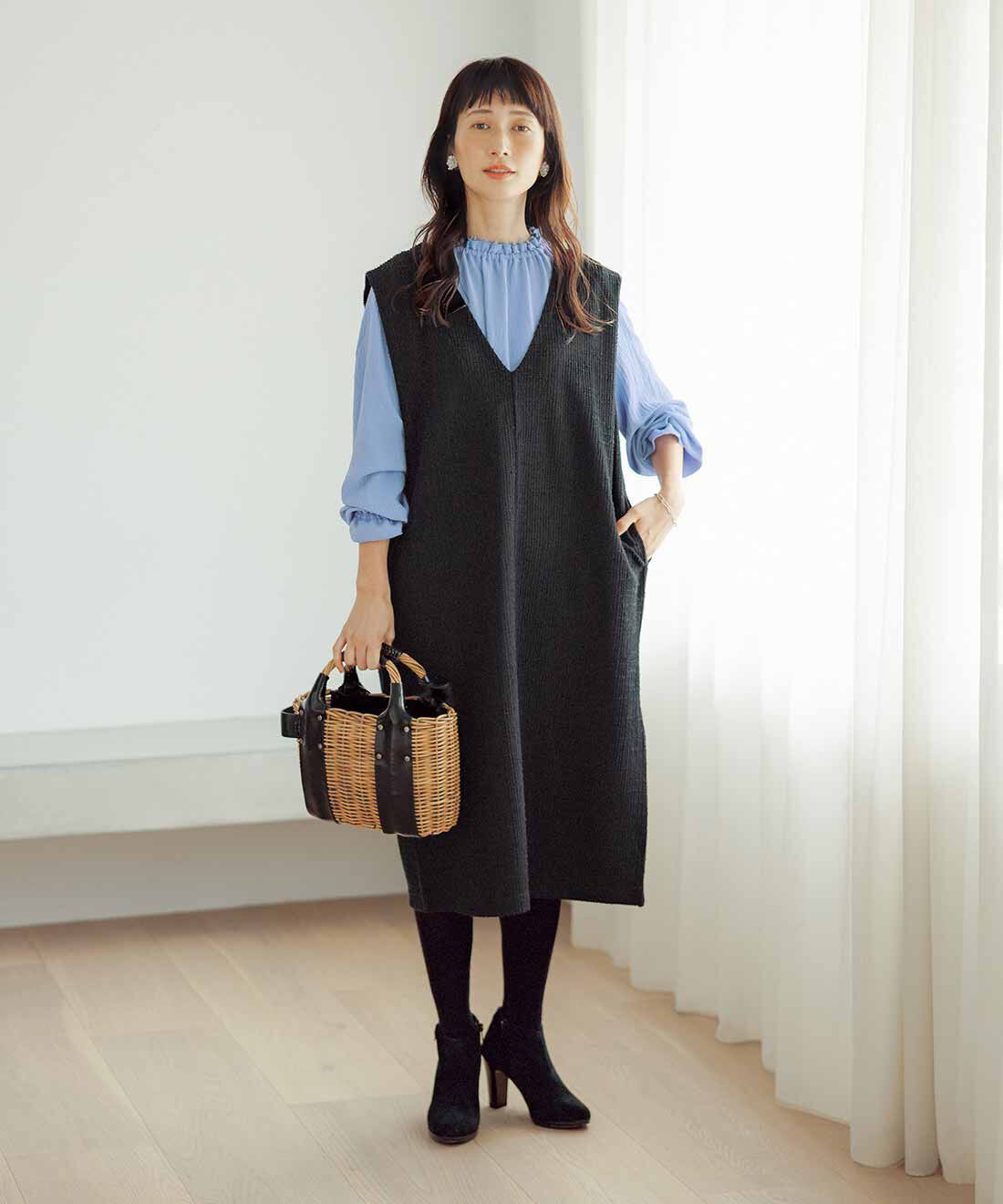 frauglatt［フラウグラット］|きれいめツイード調カットソーワンピースと上品フリルの伸びやかなブラウスときれいめツイード調カットソーワンピースのコーディネート