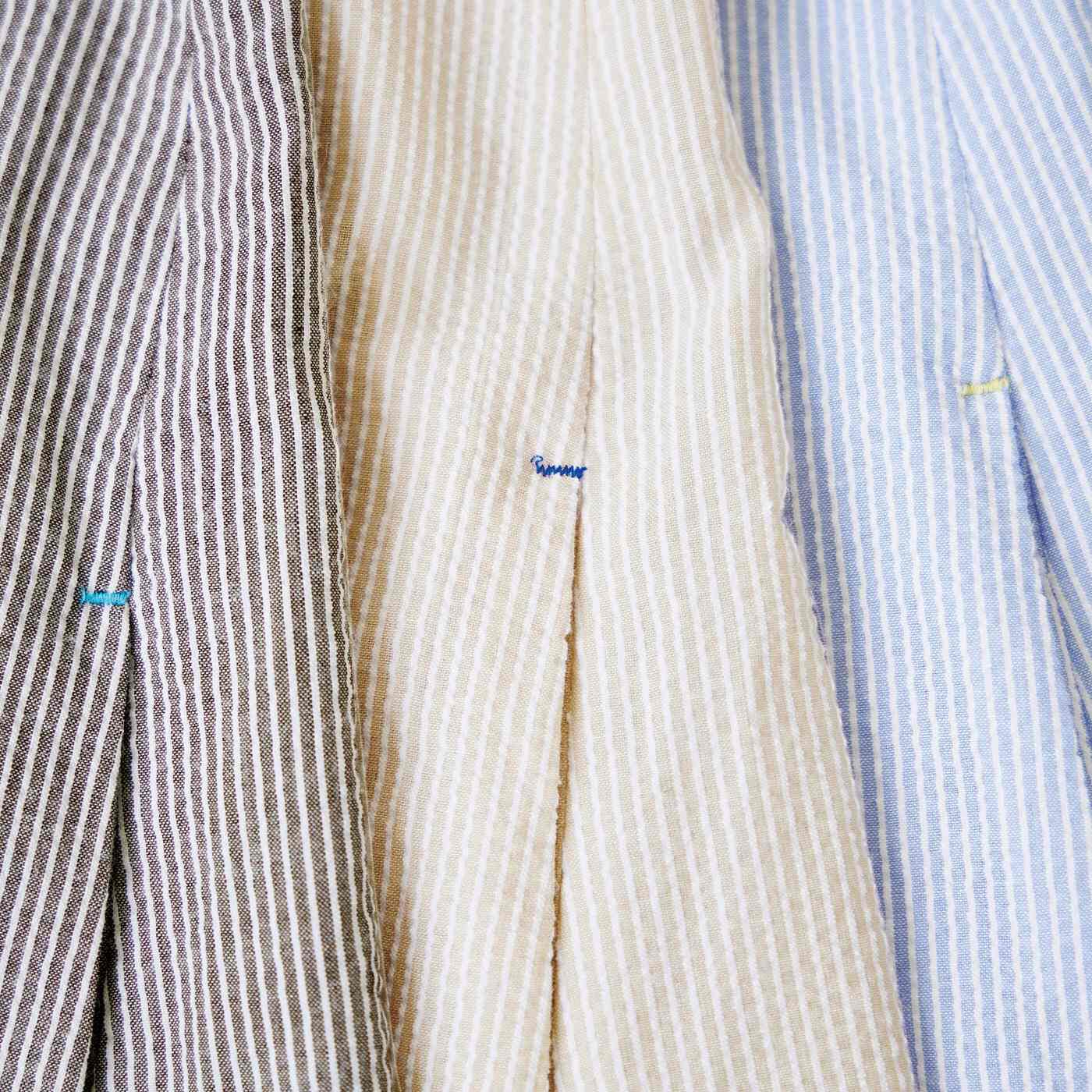 frauglatt|フラウグラット　ふわぽこサッカーストライプの らくちんきれい涼やかなプルオーバーチュニックシャツの会|両サイドのポケット口に付いた配色ステッチもかわいい。