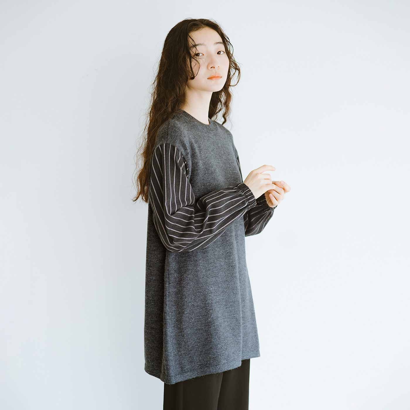 frauglatt［フラウグラット］|フラウグラット　一枚ですっきり重ね着風♪ 腰まであったかニットチュニックの会|ドッキングした異素材のブラウス袖とドロップショルダーがかわいい。