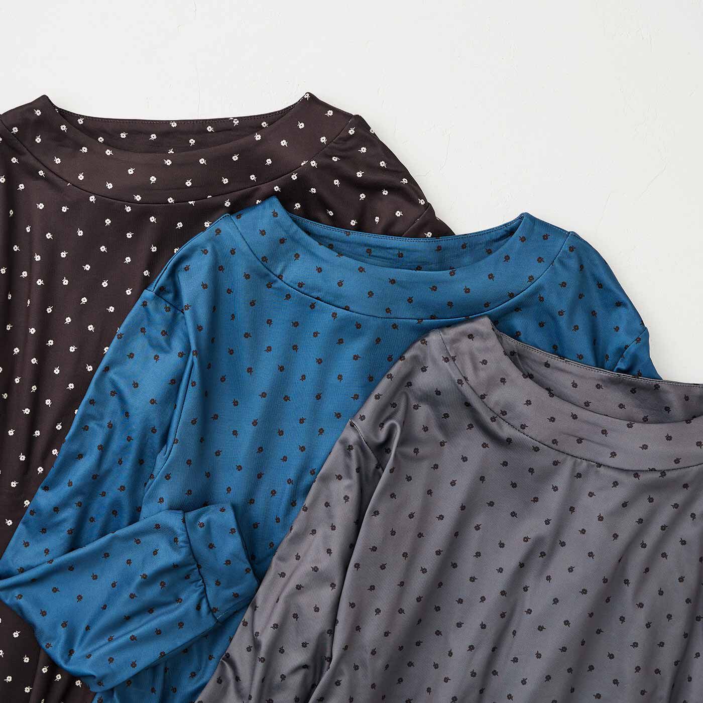 frauglatt［フラウグラット］|フラウグラット　すとんと一枚で華やか♪ つややか上品カットソー素材の大人のフラワードットワンピースの会|つや感のあるカットソー素材に水玉見えの小さな花柄をプリント。