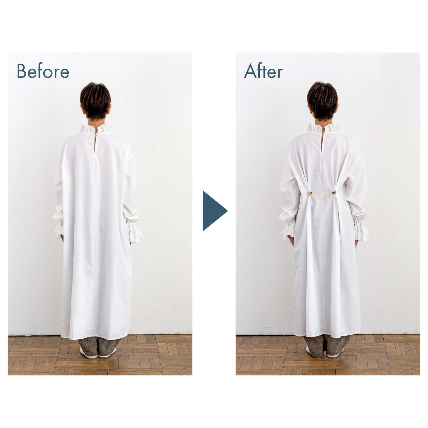 am＆be［アンビィ］|am＆be　月モチーフがきらめく 挟むだけで瞬時に華やかパール風アクセサリークリップの会|ゆったりワンピの後ろをつまんでスタイルアップ。