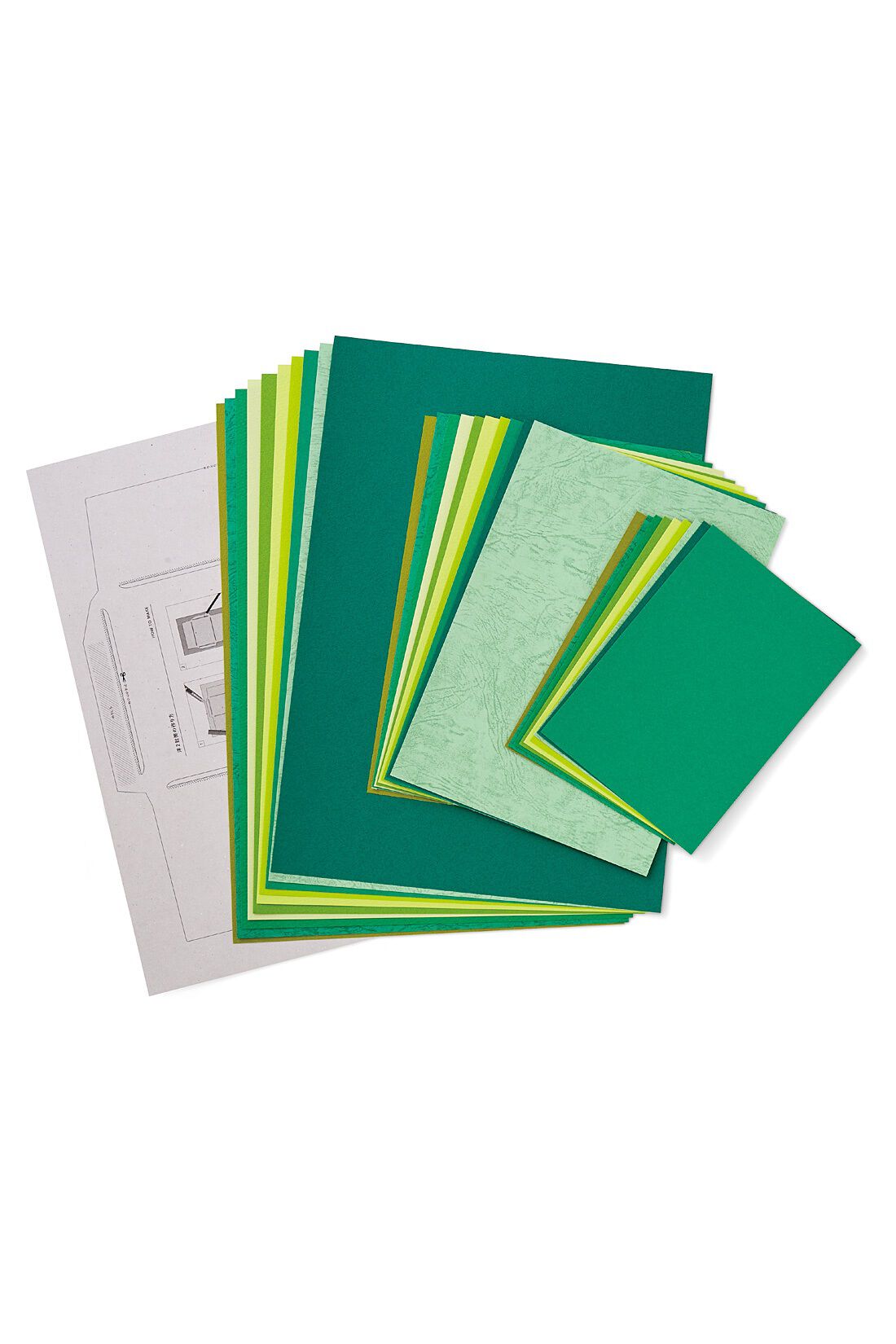OSYAIRO|OSYAIRO 紙の専門商社竹尾が選ぶ　色を楽しむ紙セットの会〈緑〉|A4・A5・A6サイズ各10枚（10銘柄）と封筒用型紙をセットにしてお届け